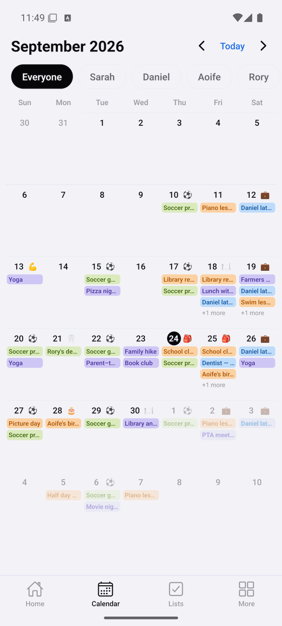 A month of the family calendar, most days carrying one or more colour-coded entries from several sources.