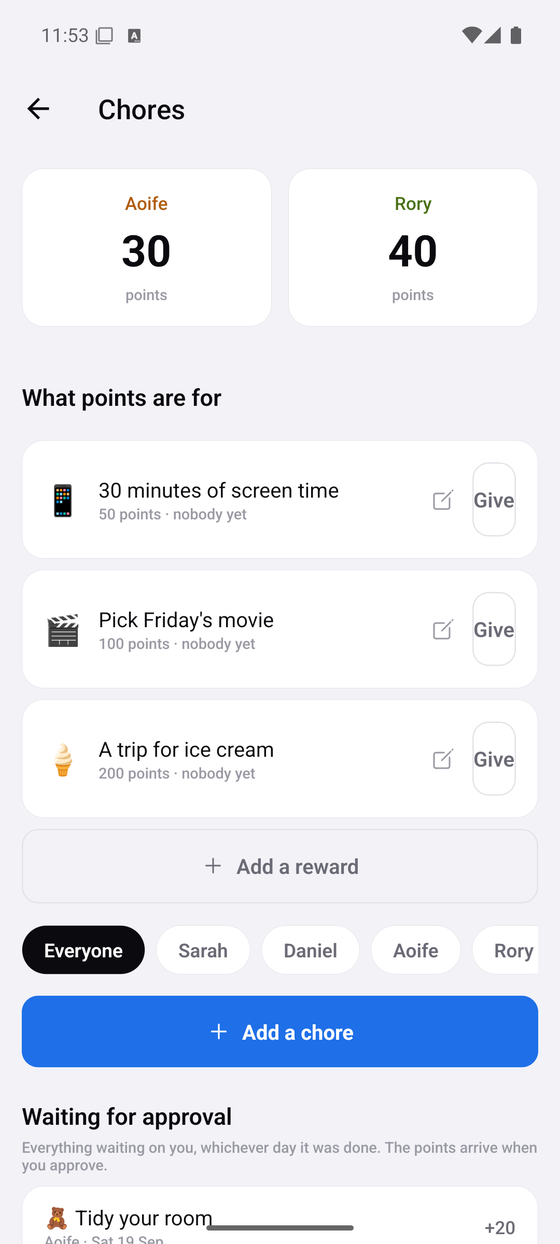 Two children's running point totals, above the rewards their points can be spent on.