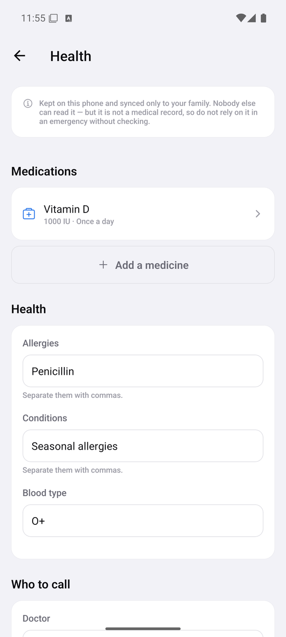 A health record: medications with their dose, then allergies and conditions.