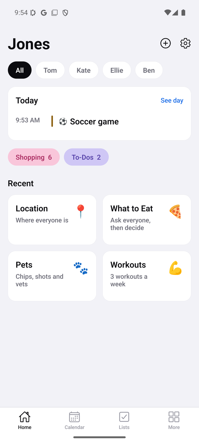 The Dotdown home screen: the family name, a chip for each member, today's event on the schedule, and shortcuts to location, what to eat, pets and workouts.