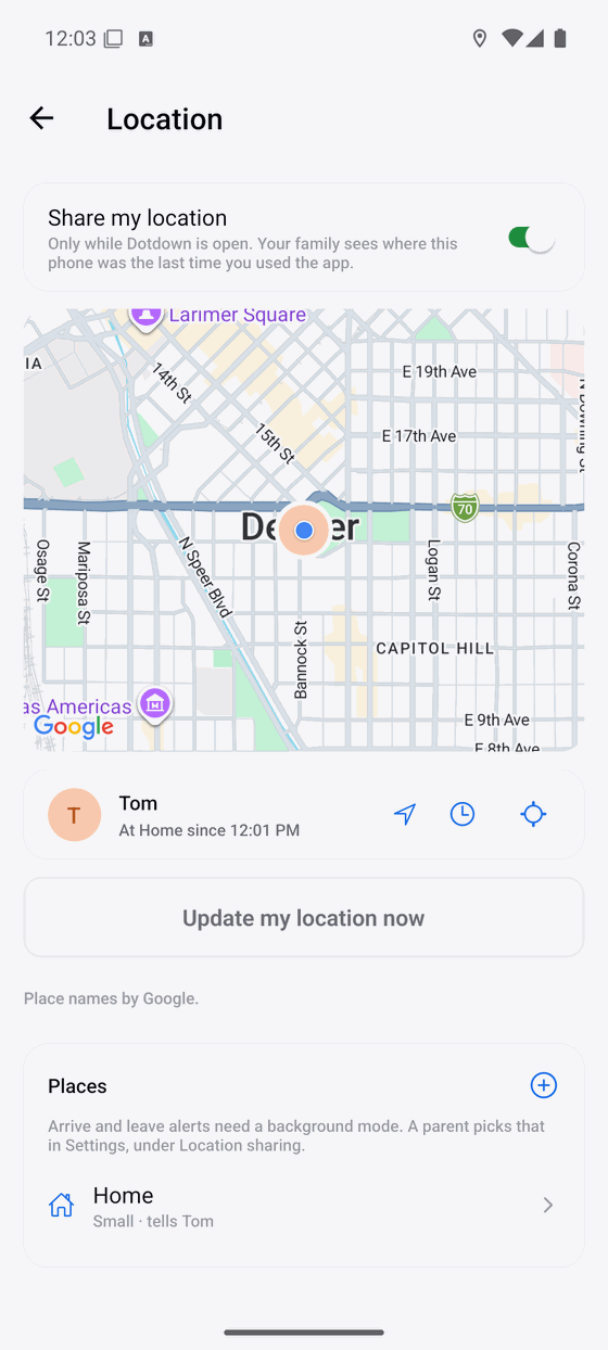 A map with one family member's last known position, and a row saying where they are and since when.