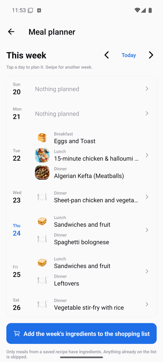 Several days of the meal planner with breakfast, lunch and dinner filled in, each with a picture.