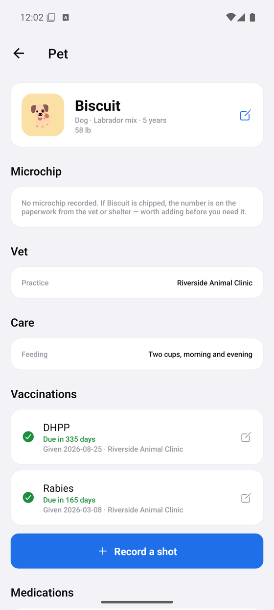 A pet's vaccination records, each showing when it was given, which practice gave it, and when it is next due.