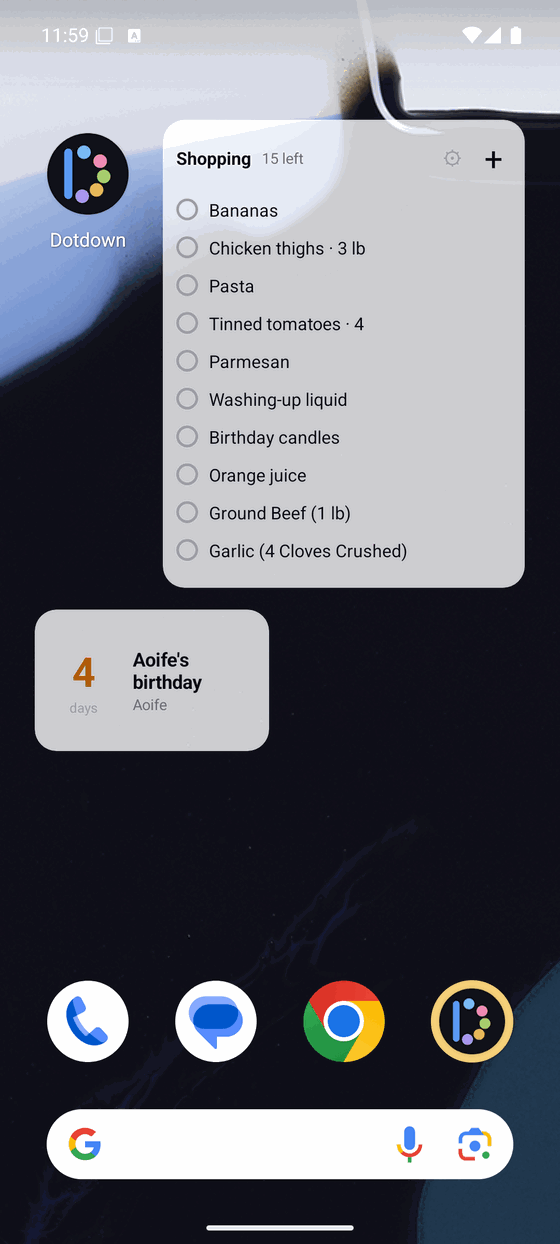 A phone home screen carrying two Dotdown widgets: a shopping list and a countdown to a birthday.