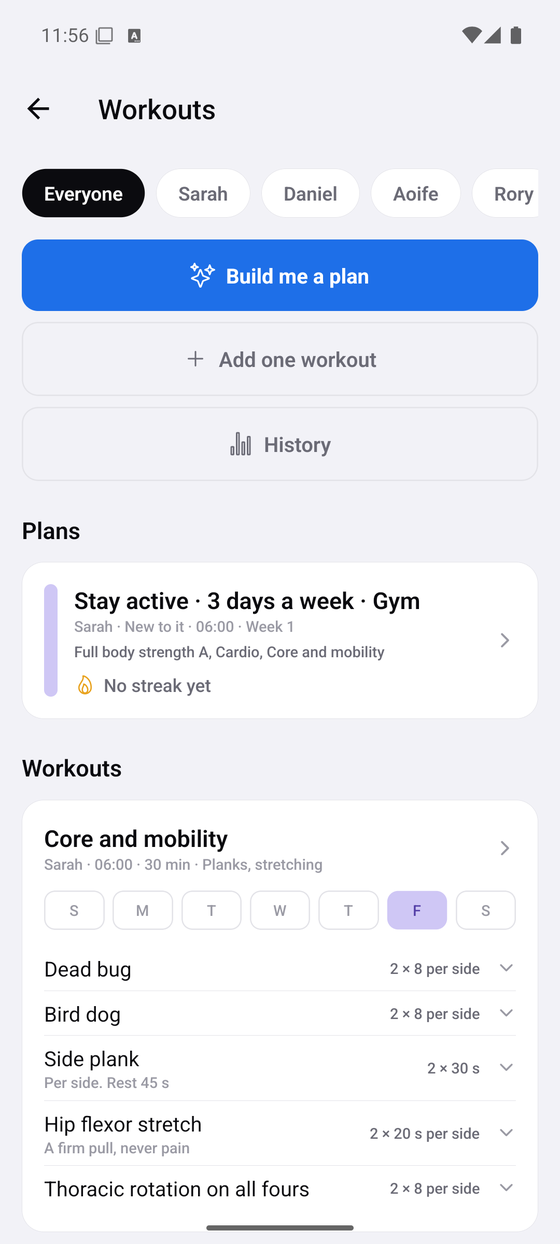 A training plan with its sessions, above one workout broken into exercises with sets and reps.